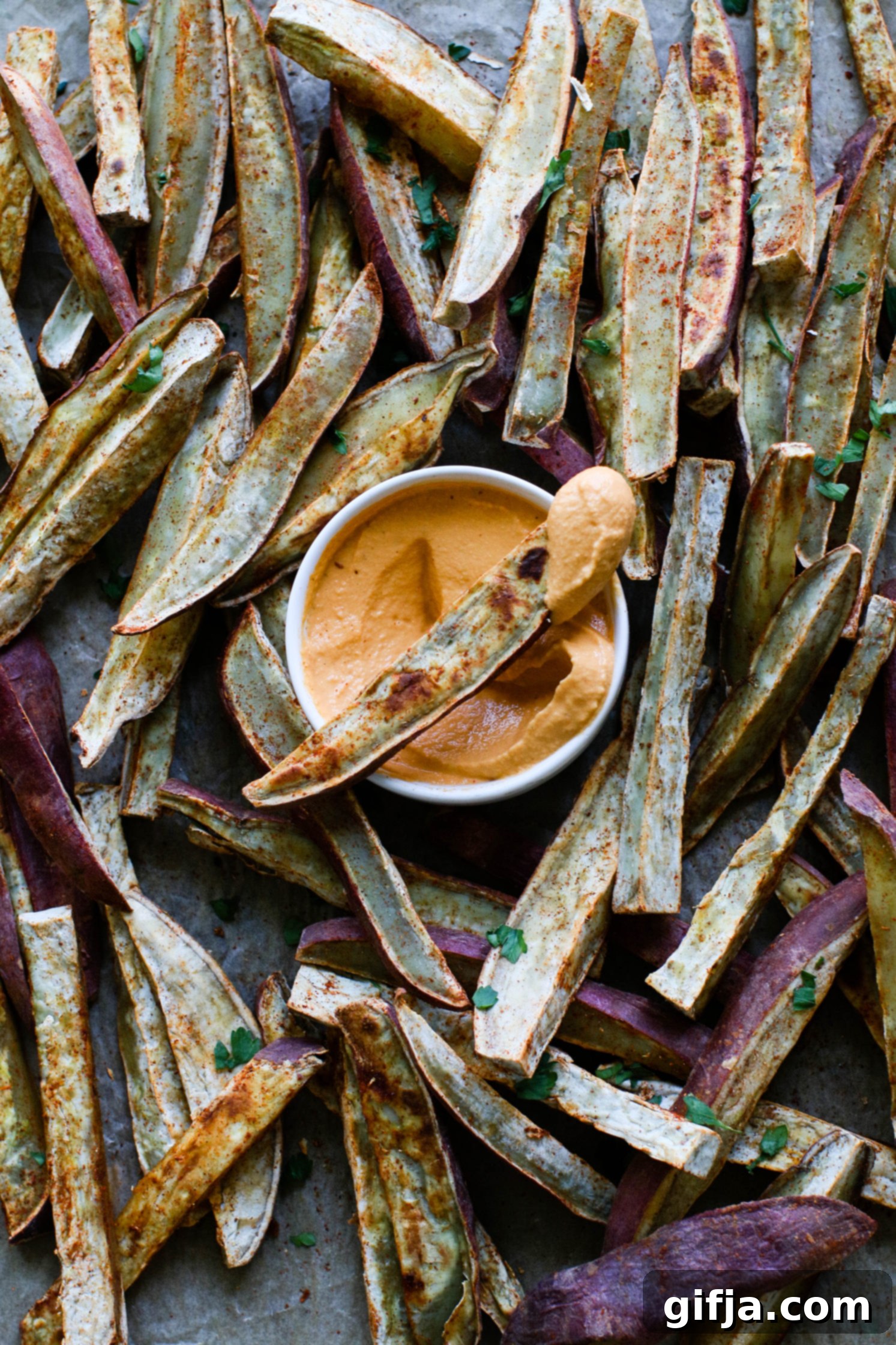 Tri-Spiced Yam Fries & Fire-Roasted Red Pepper Hummus 62 Tri-Spiced Yam Fries & Roasted Red Pepper Hummus by Flora & Vino