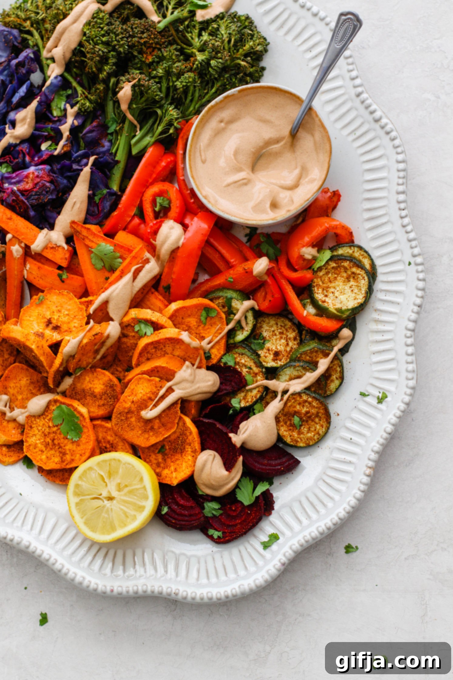 Oil-Free Roasted Veggies with Nutty Almond Butter Sauce 2 Oil-Free Roasted Veggies with Almond Butter Sauce, a healthy and delicious plant-based meal