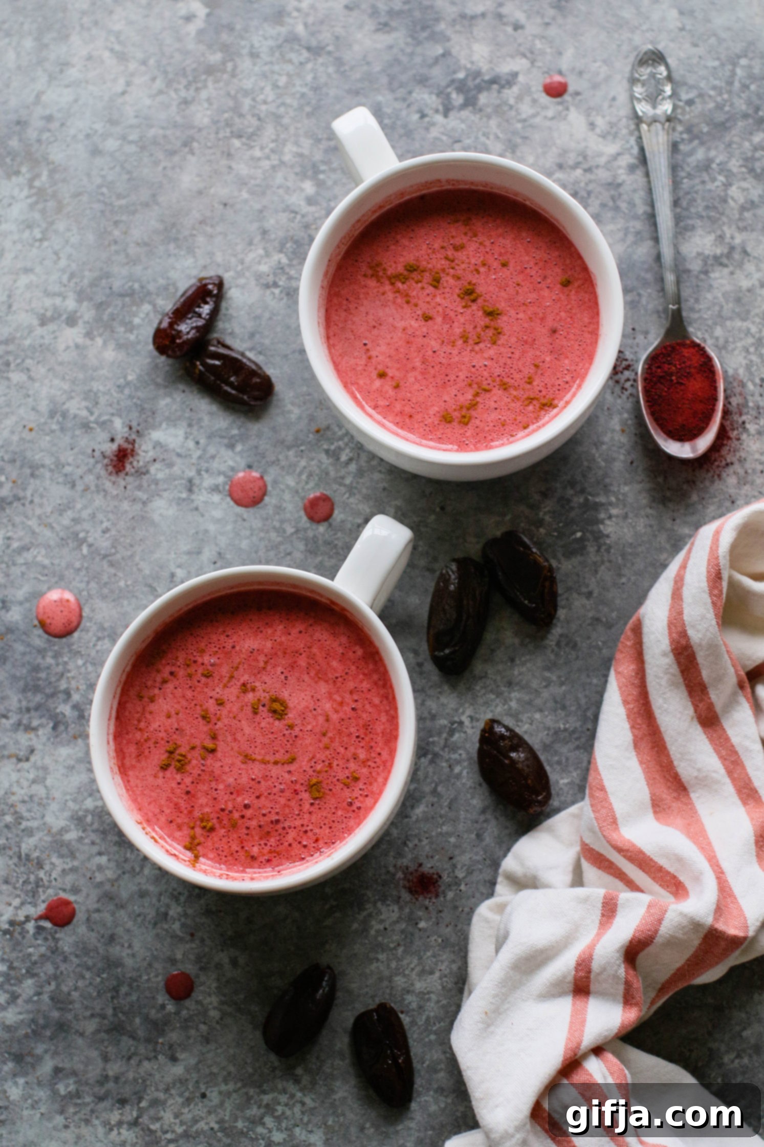 Closeup of Date-Sweetened Beet Latte in a white mug