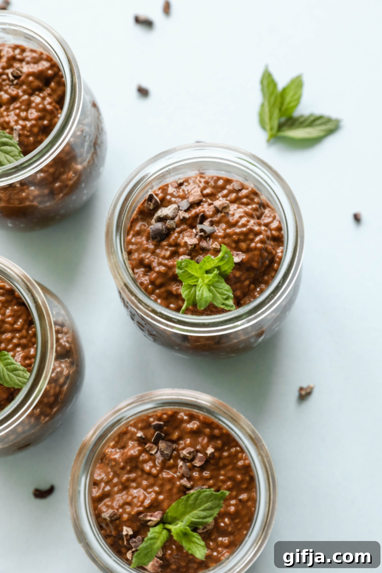 Midnight Chia Indulgence 35 Dark Chocolate Chia Puddings served in Weck jars with fresh mint and cacao nibs on top