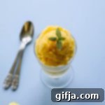 Naturally Sweet Pineapple Sorbet 10 Scoop of vibrant yellow pineapple sorbet in a bowl.