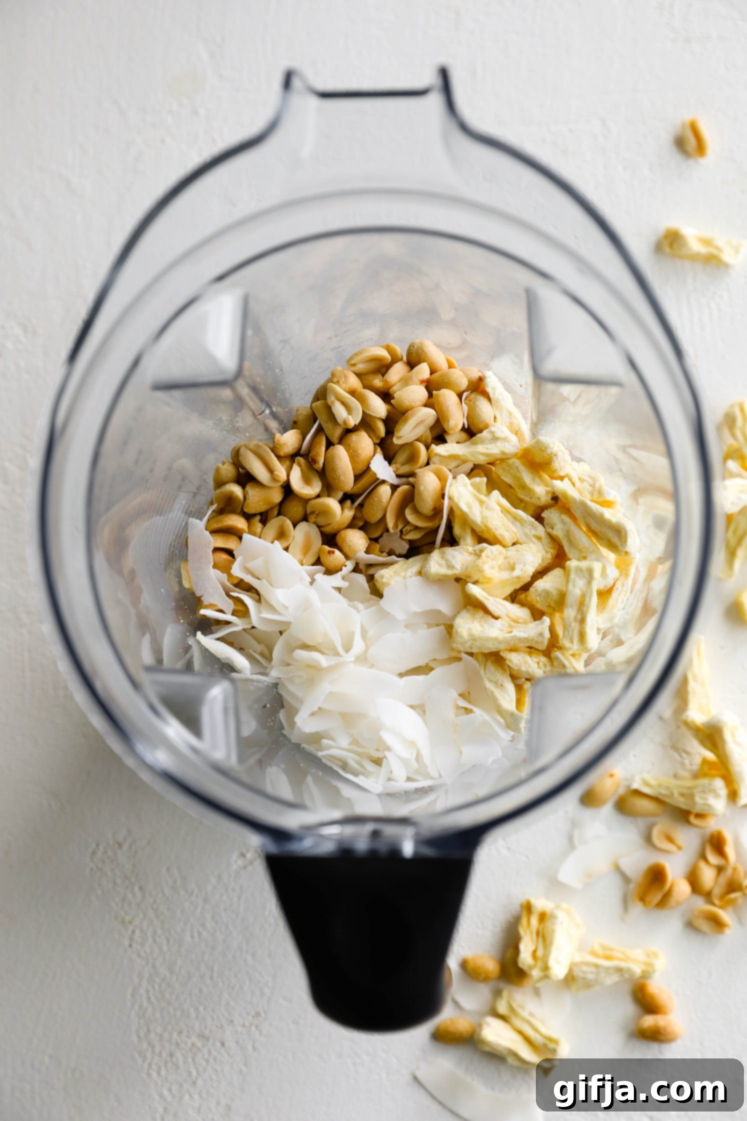 Piña Colada Peanut Butter ingredients in blender