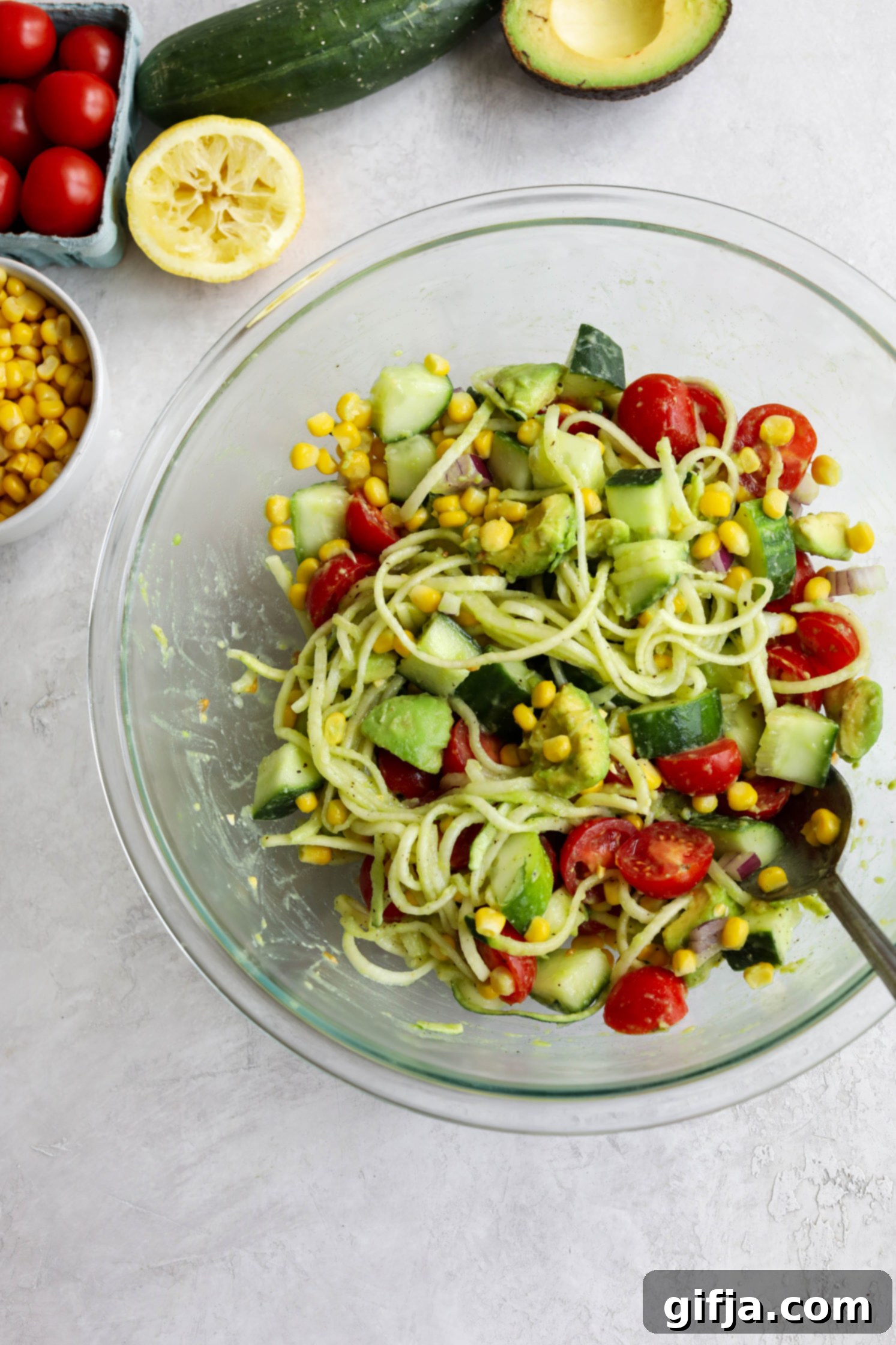 Bright Zoodle Bounty with Corn Tomato and Avocado 67 Vibrant Oil-Free Corn, Tomato, & Avocado Salad with Zucchini Noodles