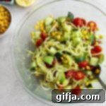 Bright Zoodle Bounty with Corn Tomato and Avocado 8 Corn, Tomato, Avocado Salad with Zoodles (Oil-Free)