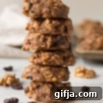 Spiced Apple Oatmeal Treats 11 A small stack of two Apple Butter Oatmeal Cookies with a sprinkle of walnuts and raisins on the side, highlighting their delicious texture for the recipe card.