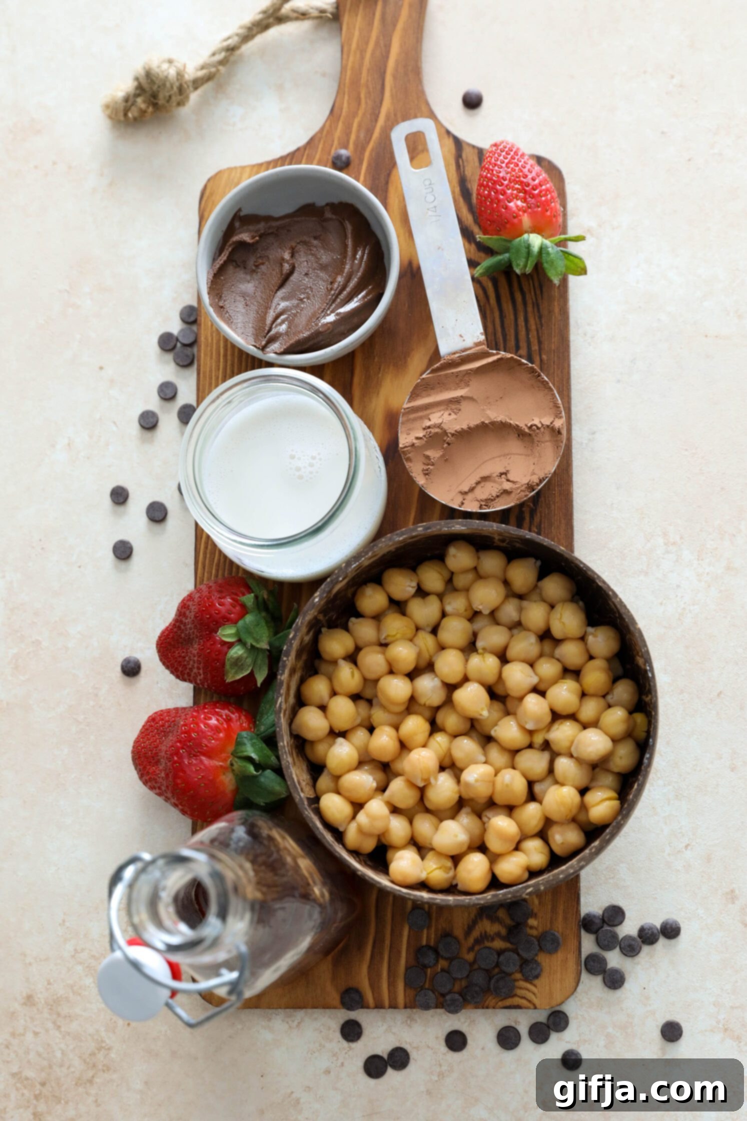Vegan Brownie Batter Dip ingredients on serving board by Flora & Vino