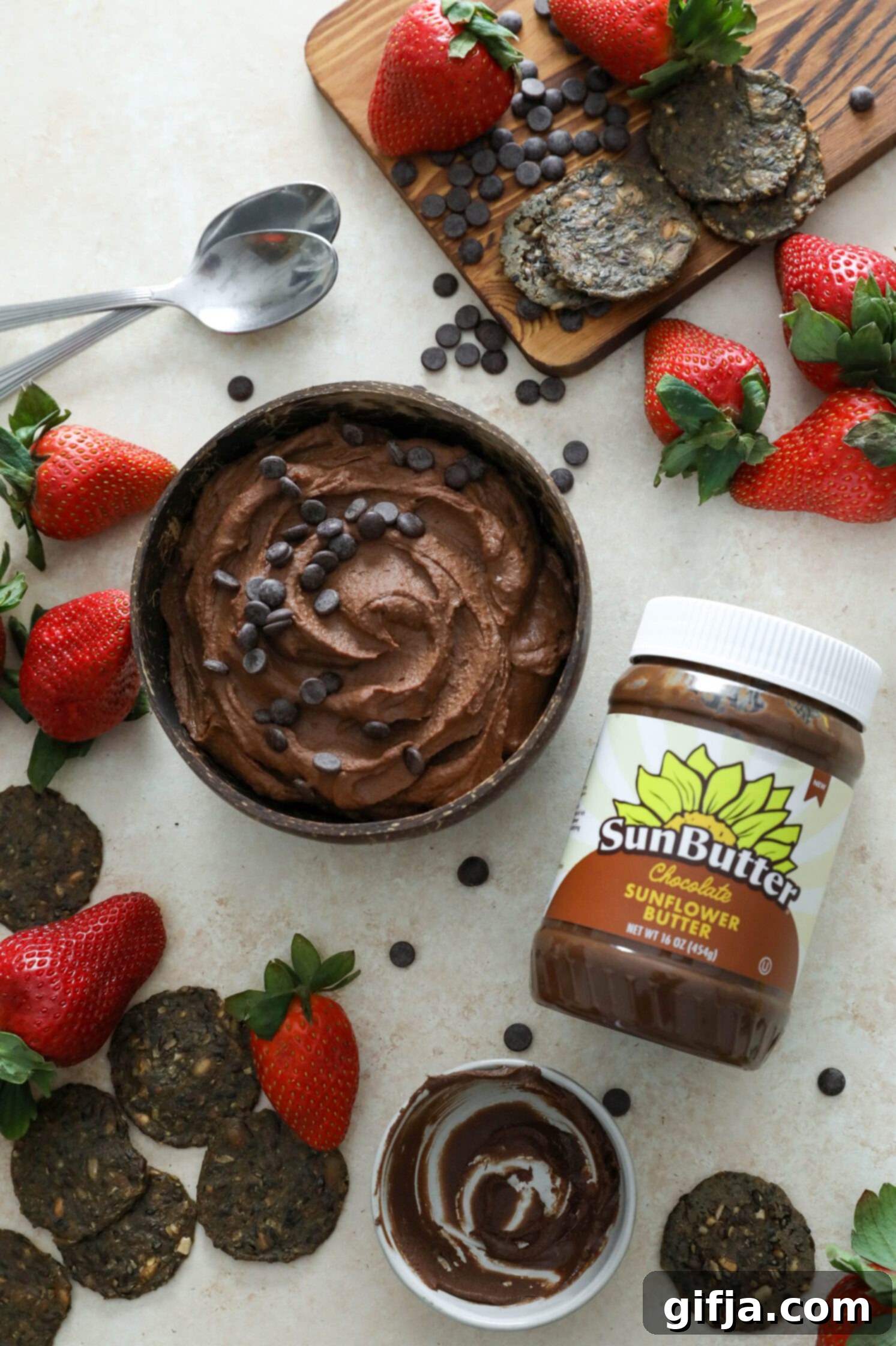 Vegan Brownie Batter Dip served in a bowl by Flora & Vino
