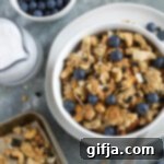Maple Almond Cranberry Granola 14 Lemon Blueberry Cashew Granola served in a bowl on a plate topped with fresh blueberries. On a side there's a bowl of blueberries, half a lemon, a pitcher of almond milk, and a baking sheet with granola.