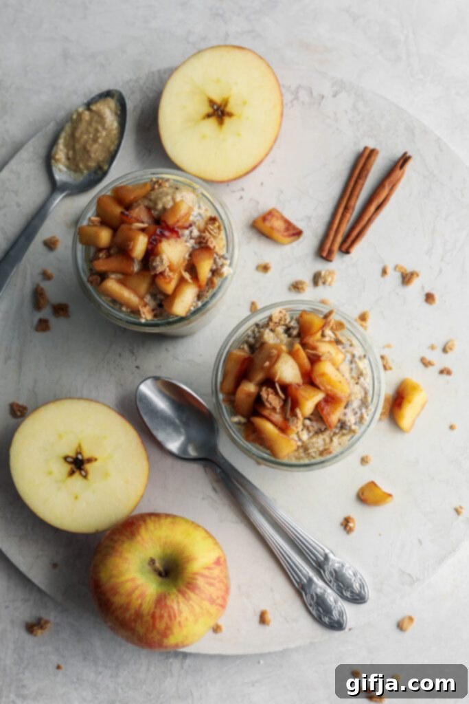 Apple Pie Overnight Oats in mason jars with granola and walnut butter by Flora & Vino
