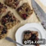 Wholesome Berry Oat Bars 12 Sliced Berry Baked Oat Squares on a white plate