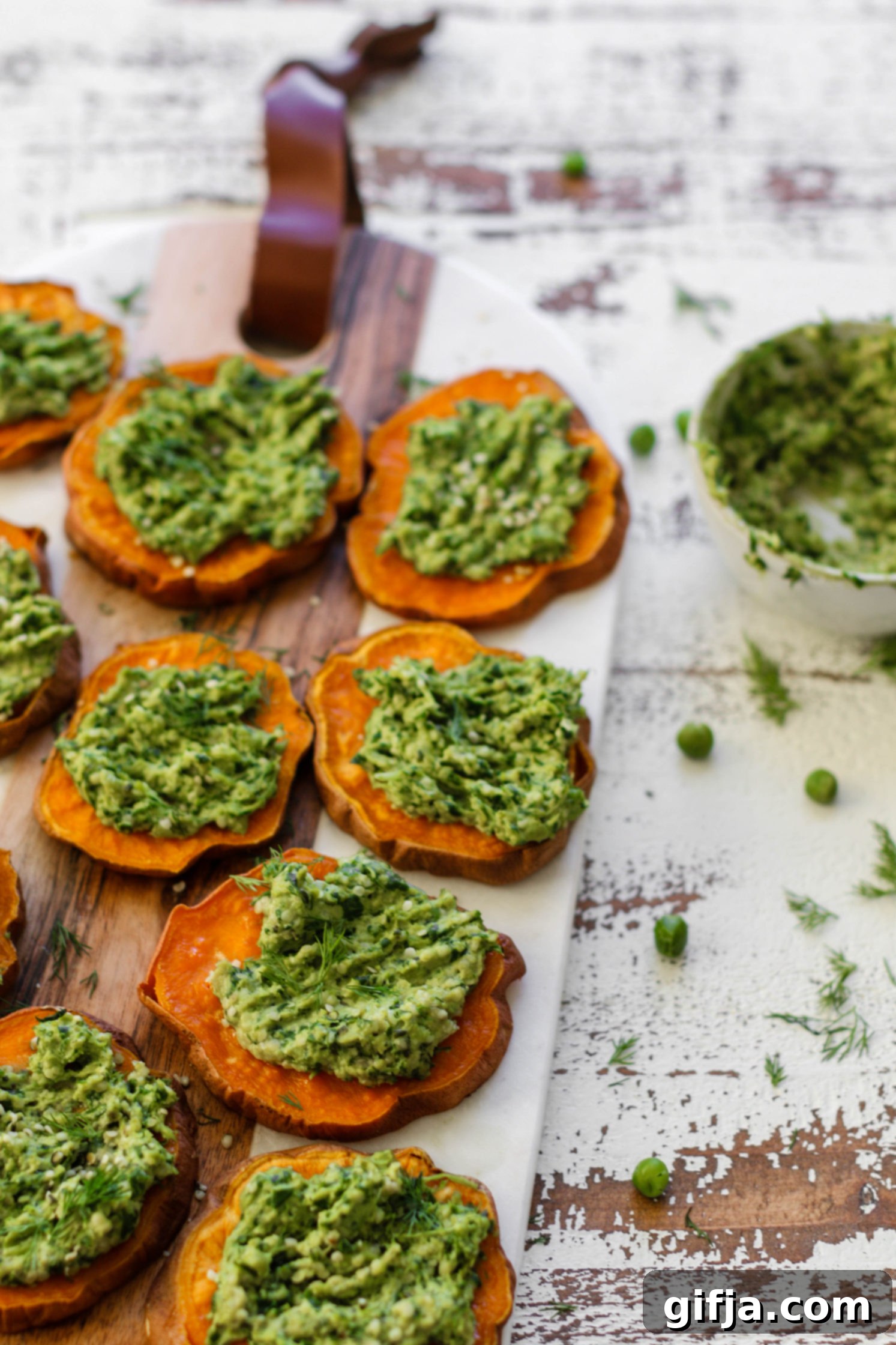 Healthy Oil-Free Pea Pesto Sweet Potato Poppers appetizer