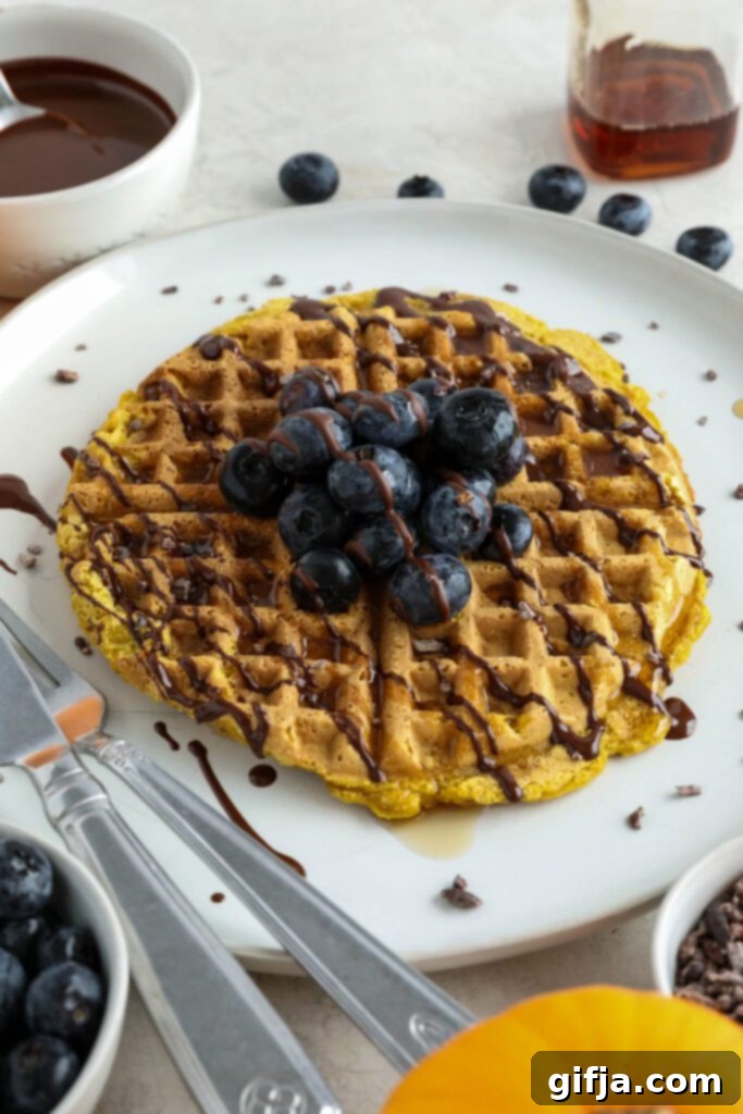 A beautifully composed shot of Pumpkin Turmeric Waffles, served on a white plate, garnished with vibrant blueberries, rich cacao nibs, and a tempting chocolate drizzle