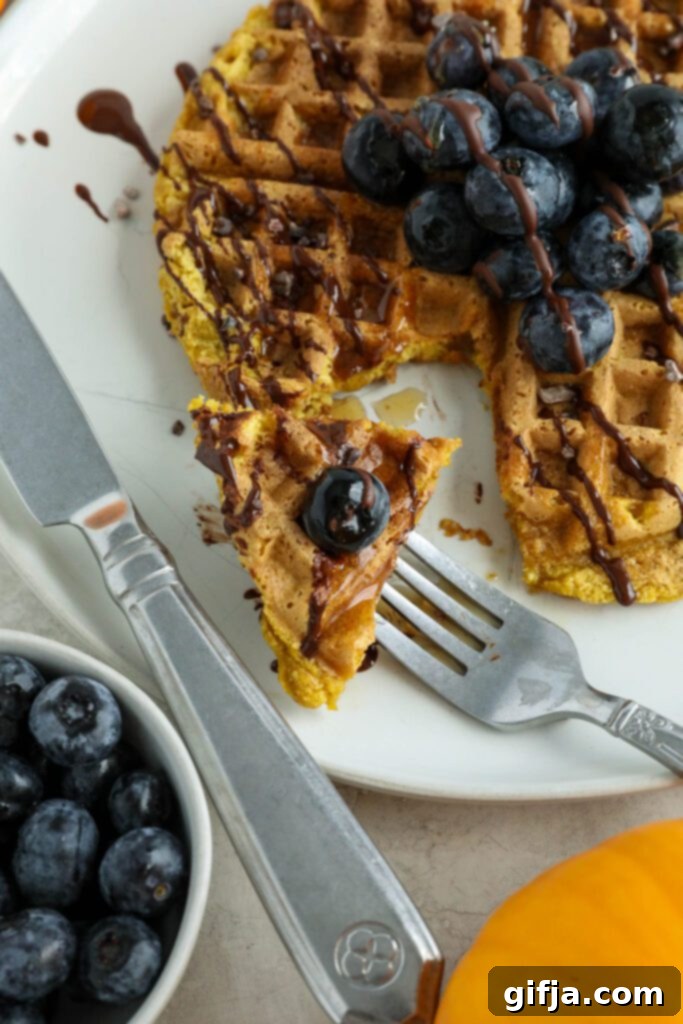 A final, close-up and inviting image of Pumpkin Turmeric Waffles with blueberries, cacao nibs, and chocolate drizzle, perfect for a cozy morning