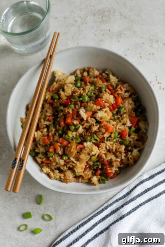 Solo Fried Rice Delight 57 Single Serving Fried Rice in a bowl with chopsticks topped with green onions and white sesame seeds