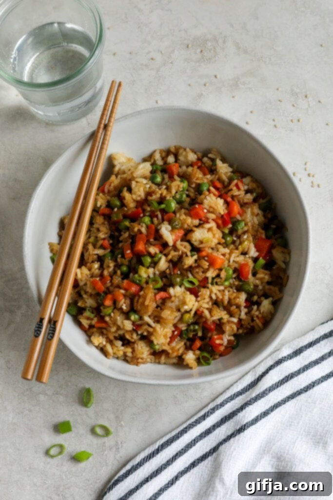 Solo Fried Rice Delight 8 Single Serving Fried Rice in a bowl with chopsticks topped with green onions and white sesame seeds