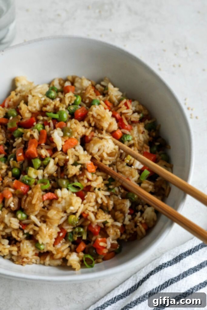 Solo Fried Rice Delight 9 Single Serving Fried Rice in a bowl with chopsticks topped with green onions and white sesame seeds