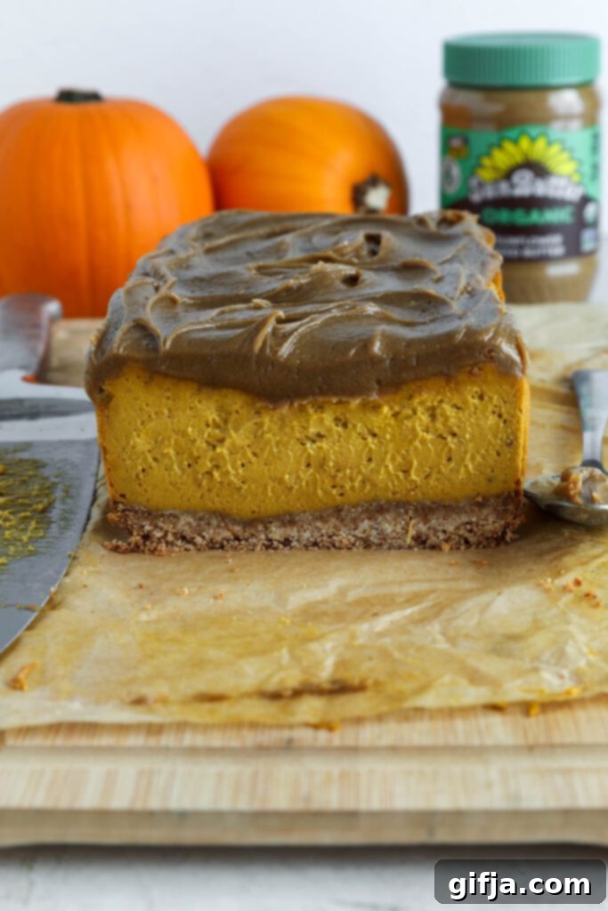 Spiced Pumpkin Cheesecake with Silky SunButter Frosting 11 Pumpkin Pie Cheesecake with SunButter Frosting on parchment lined board, whole cheesecake